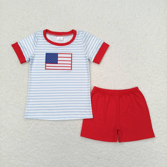 Embroidery Flag stripe shirt red shorts boys 4th of july outfits