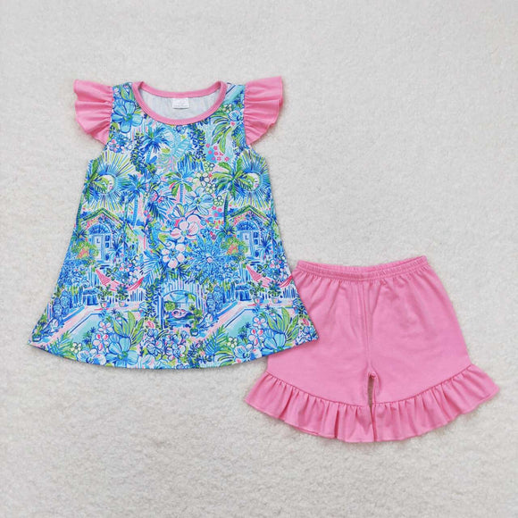 Blue floral watercolor top pink ruffle shorts girls clothes