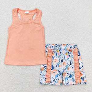 Sleeveless peach top floral ruffle shorts girls summer clothes