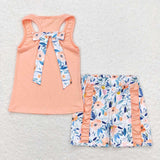 Sleeveless peach top floral ruffle shorts girls summer clothes