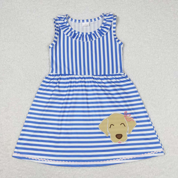 Ruffle stripe sleeveless embroidery dog kids girls summer dress