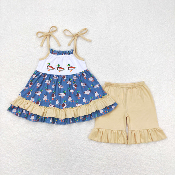 Embroidery Straps duck tunic ruffle shorts girls clothing