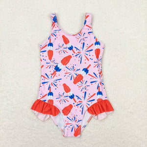 Sleeveless pink popsicle firework girls 4th of july swimsuit