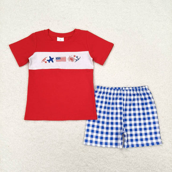 embroidery Red flag top plaid shorts boys 4th of July clothes