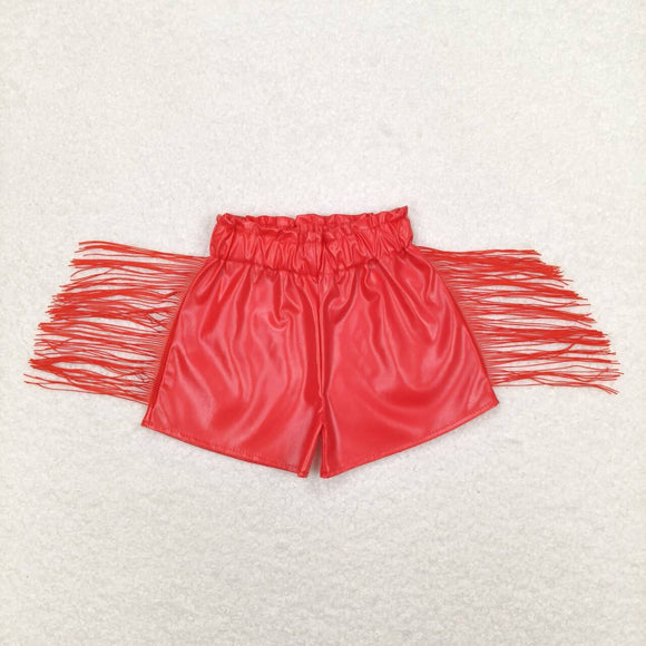 Red leather tassels baby girls shorts