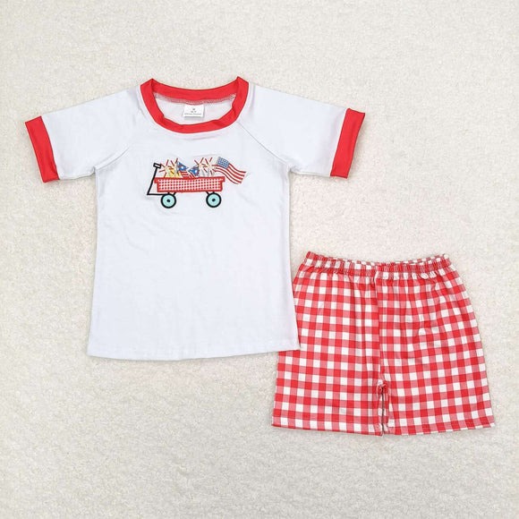 embroidery Flag top red plaid shorts boys 4th of july outfits