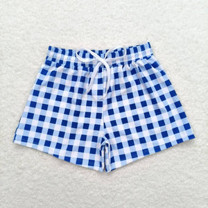 Blue plaid kids boy summer swim trunks