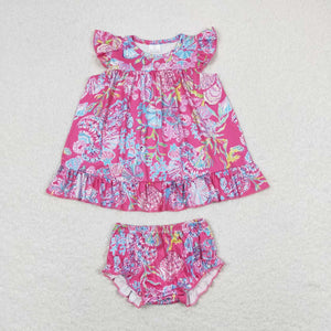 Hot pink flutter sleeves watercolor baby girls bummies set