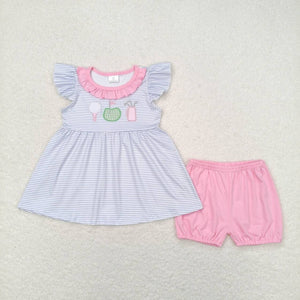 Embroidery Flutter sleeves stripe golf tunic pink shorts girls clothes