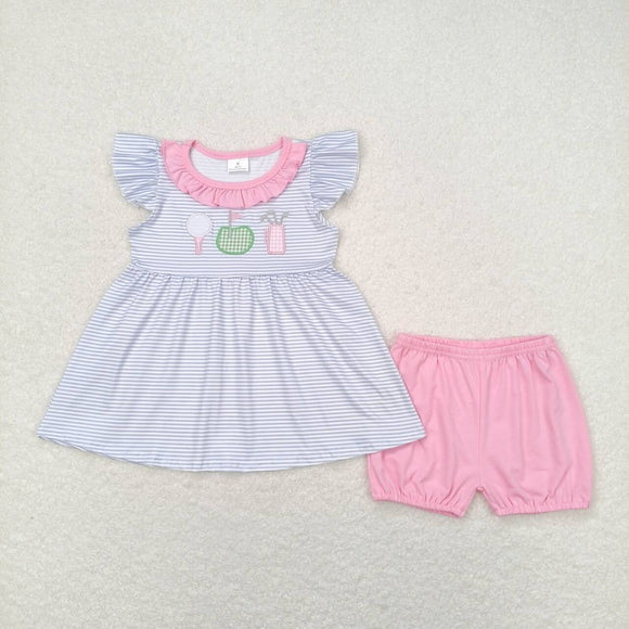 Embroidery Flutter sleeves stripe golf tunic pink shorts girls clothes