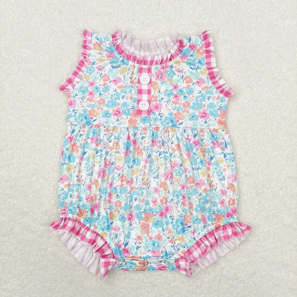 Sleeveless plaid floral baby girls summer romper