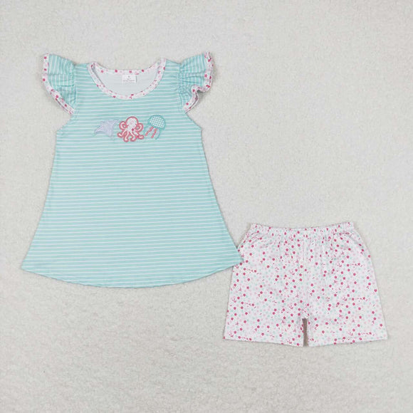 Embroidery Stripe octopus tunic stars shorts girls summer clothes