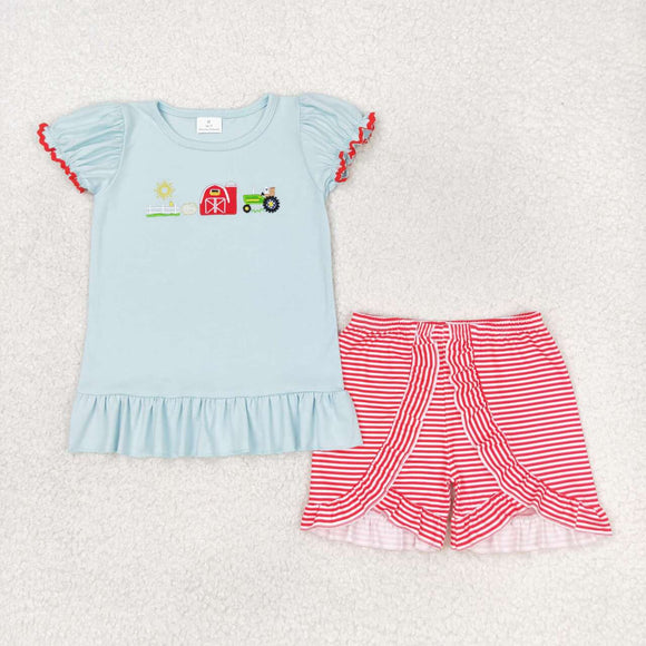 Short sleeves embroidery farm tractor top stripe shorts girls clothes