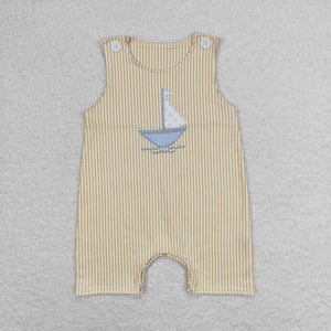 Sleeveless yellow stripe boat baby boy romper