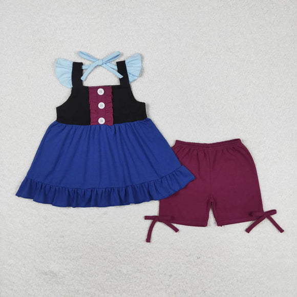 Blue maroon patchwork tunic shorts princess girls clothes