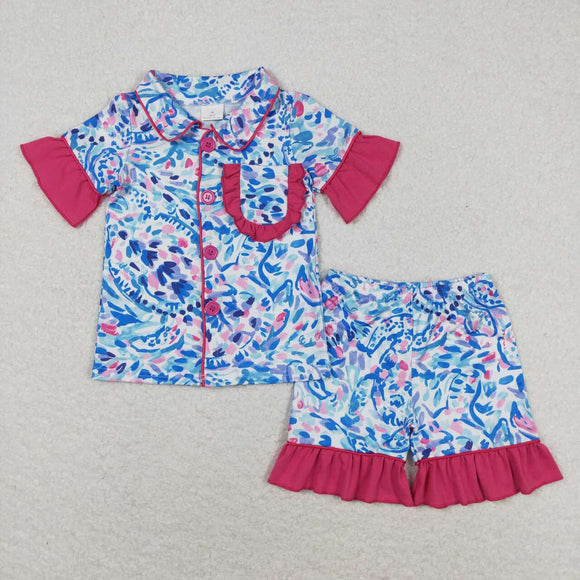Ruffle short sleeves watercolor kids girls button down pajamas