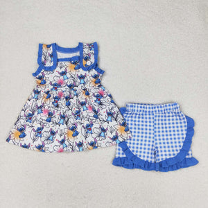 Sleeveless blue floral koala plaid girls summer outfits