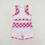 Sleeveless pink plaid top shorts girls clothing set