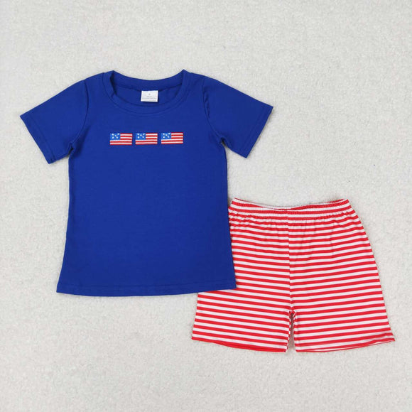 BSSO0434-- 4th of July flag blue short sleeve shirt and red shorts boy outfits