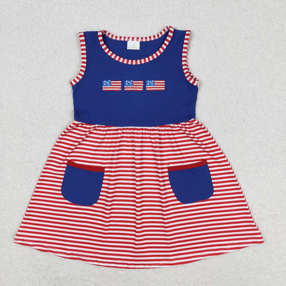 Sleeveless Embroidery flags pocket baby girls 4th of july dress