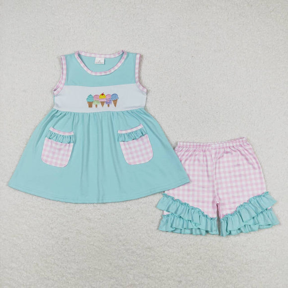 embroidery Popsicle pocket tunic plaid shorts girls summer clothes