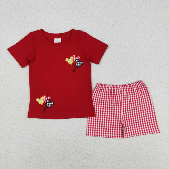 Embroidery Red short sleeves mouse balloon top plaid shorts boys outfits