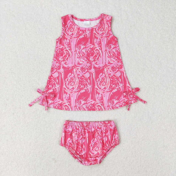 Sleeveless watercolor flamingo baby girls bummies set