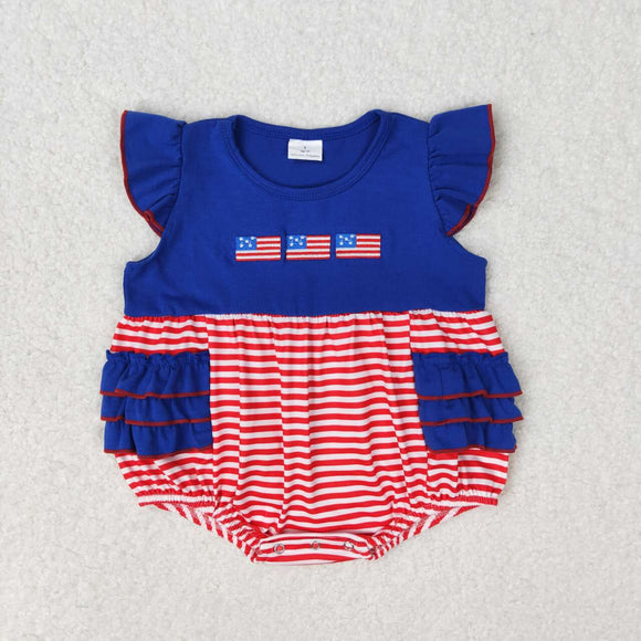Embroidery Flutter sleeves flag stripe baby girls 4th of july romper