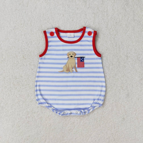 Embroidery Sleeveless stripe dog flag baby boys 4th of july romper