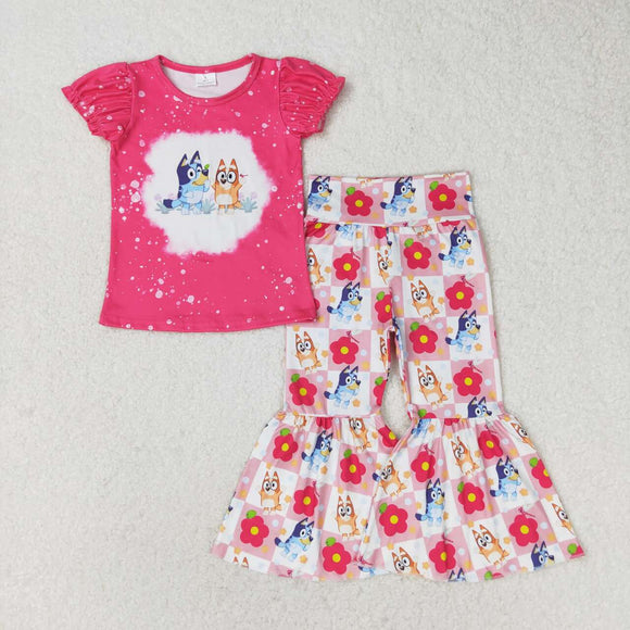 GSPO1275--- pink dog flower short sleeve girls outfits