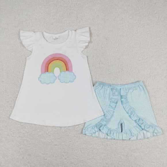 embroidery Rainbow cloud top ruffle shorts girls summer outfits