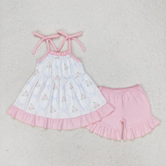 Pink straps bow floral tunic shorts girls summer clothes