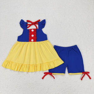 Blue yellow patchwork tunic shorts princess girls clothes