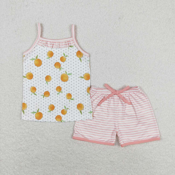Polka dots orange top stripe shorts girls summer clothes