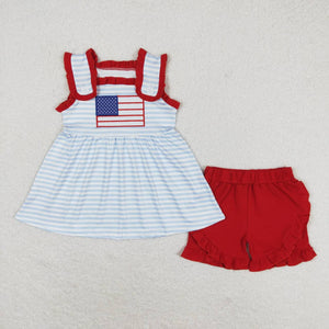Sleeveless Embroidery flag stripe tunic shorts girls 4th of July clothes