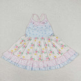 Straps beige floral ruffle girls summer dresses