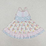 Straps beige floral ruffle girls summer dresses