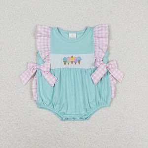 Embroidery Pink plaid ruffle popsicle baby girls summer romper