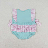 Embroidery Pink plaid ruffle popsicle baby girls summer romper