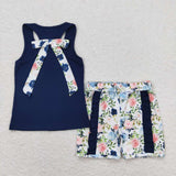 Sleeveless blue top floral ruffle shorts girls summer clothes