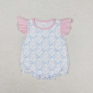 Flutter sleeves pink floral bow print baby girls romper