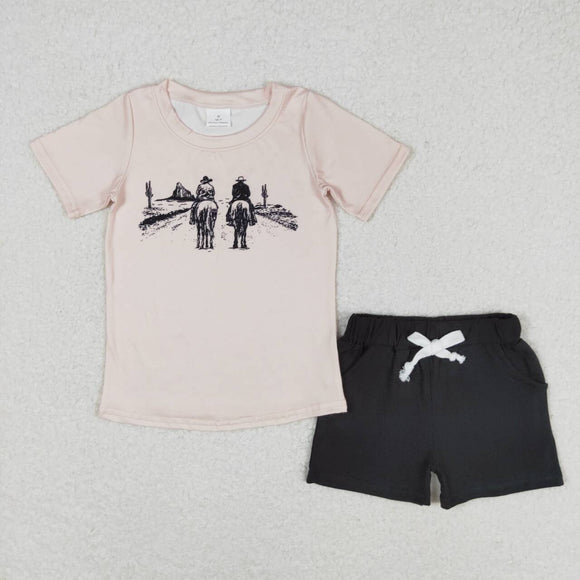 BSSO0499-- riding horse short sleeve shirt and black shorts boy outfits