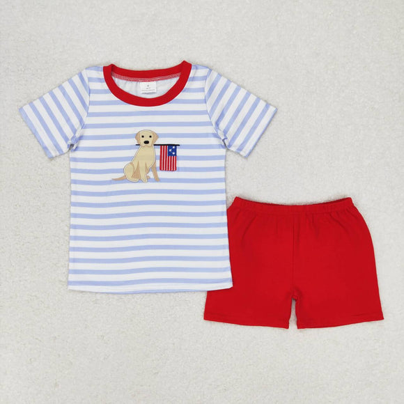 Embroidery Dog flag stripe shirt red shorts boys 4th of july clothes