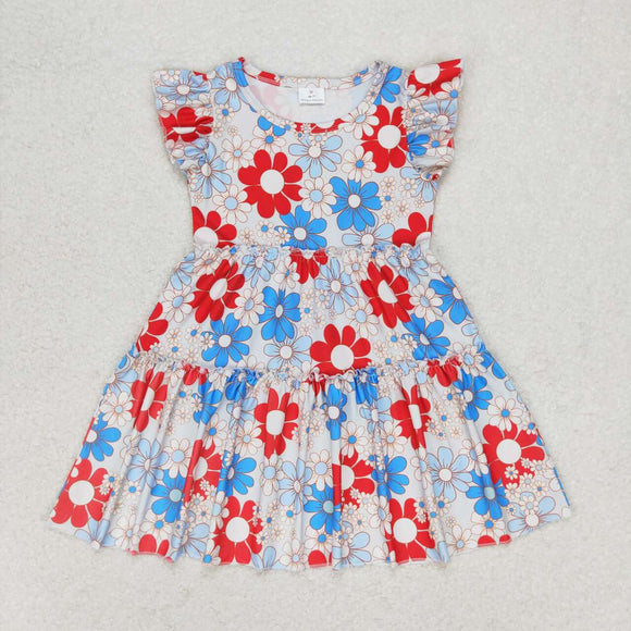 Flutter sleeves blue red flower girls 4th of july dresses