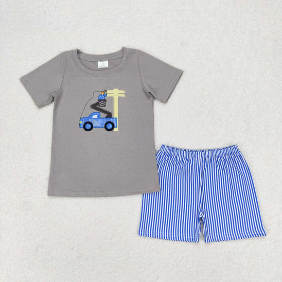 Embroidery Grey top stripe shorts lineman boys clothing