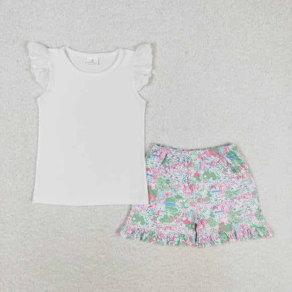 preorder White top watercolor ruffle shorts girls summer clothing