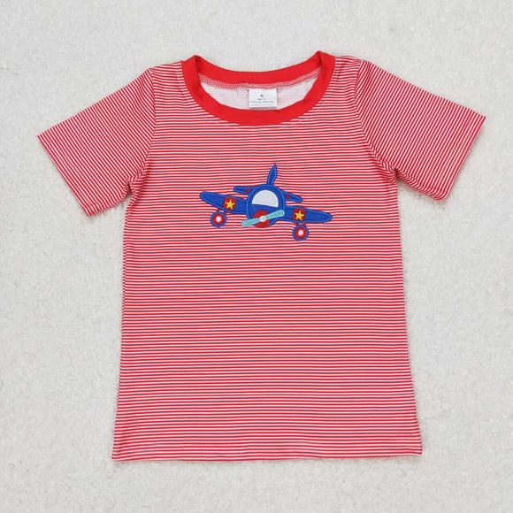 Embroidery Red stripe helicopter kids boys summer shirt