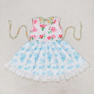 Sleeveless blue pink floral girls dresses