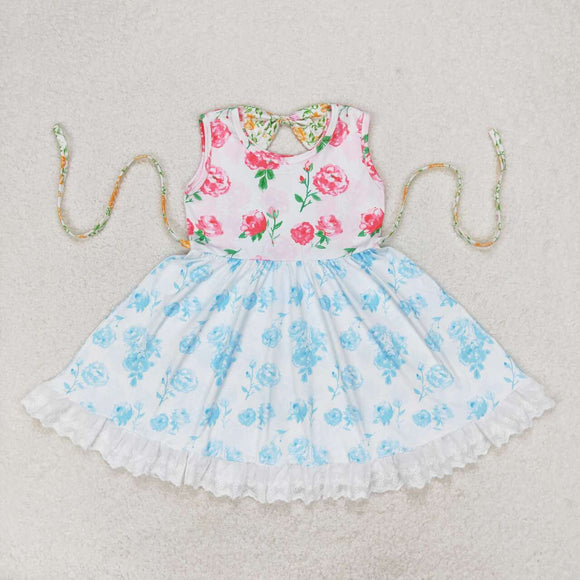 Sleeveless blue pink floral girls dresses