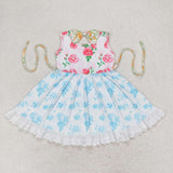 Sleeveless blue pink floral girls dresses